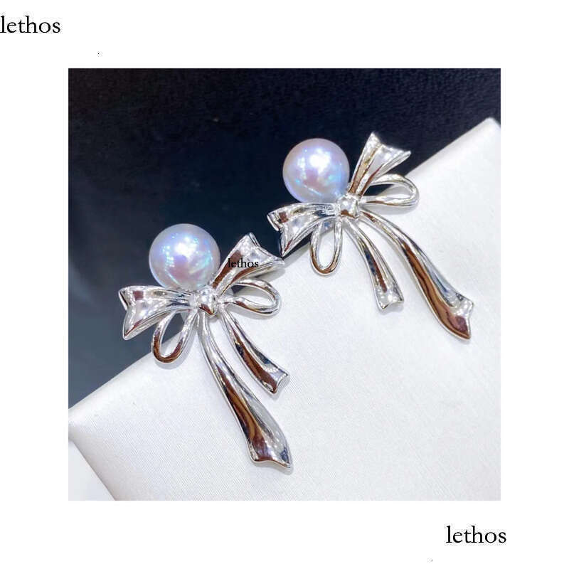 22090711 Diabox -Jewelry earrings ear studs blue PEARL sterling sier bow knot ribbon akoya 6.5-7 mm round pendant charm gift idea girl b2