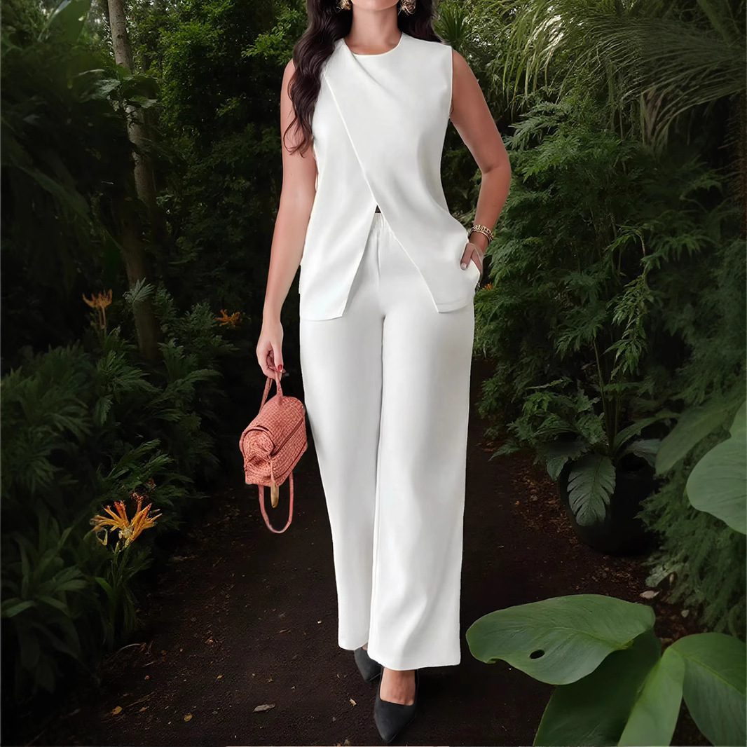 2025 Spring Summer New Women's Solid Color Sleeveless Belt Two-Piece Long Pants Casual Set