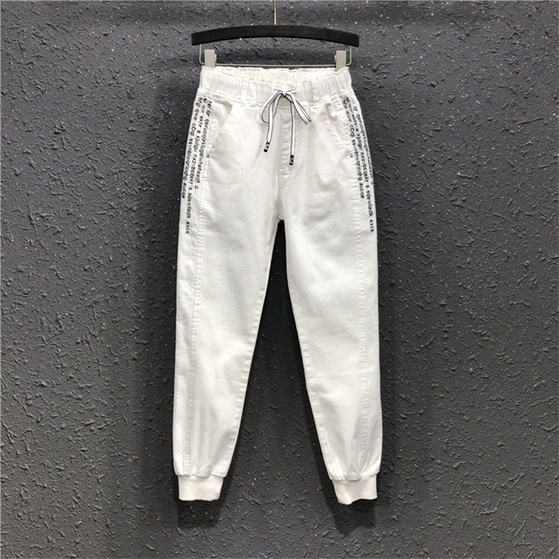 Summer New Korea Fashion Women Elastic Waist Loose Casual White Jeans Letter Embroidery Cotton Denim Harem Pants LJ201127