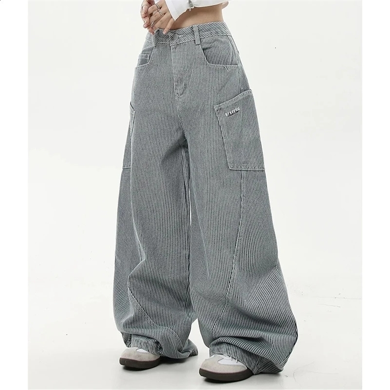 American Vintage Stripe Denim Jeans Women Hip Hop Loose Lazy Dance Trousers Fashion Harajuku Y2K Streetwear Cargo Wide Leg Pants 250225