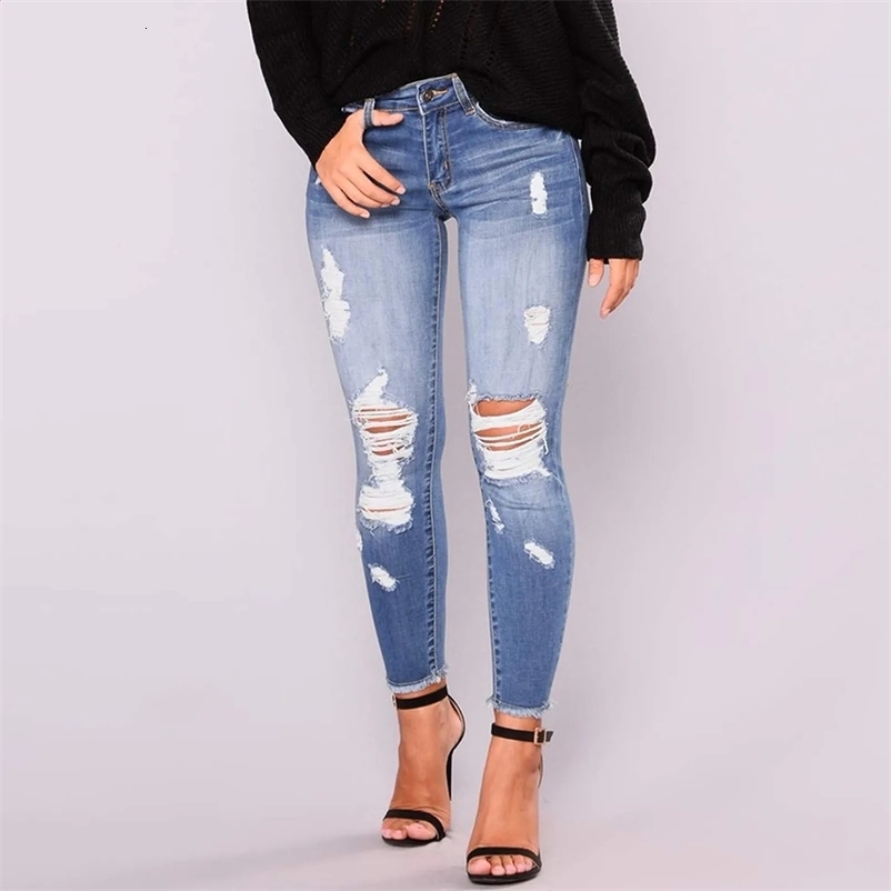Womens Stretchy Ripped Hole Trousers Slim Jeans Butt Lifting Distressed Denim Pants With Pockets Elastic Vintage Streetwear 250225