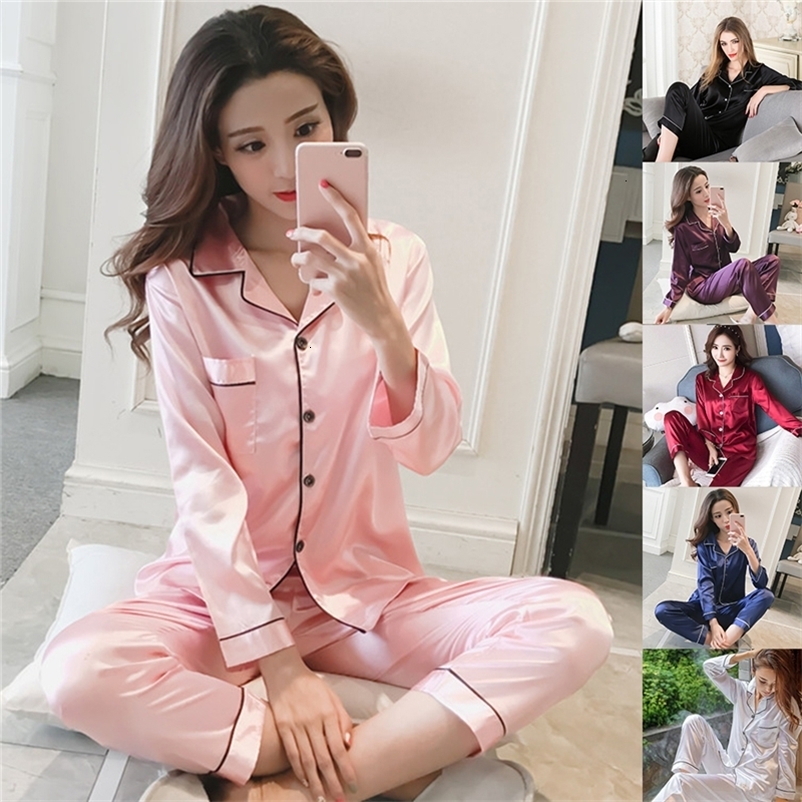 Women's Sleepwear Women's Satin Pajamas Set Long Sleeve And Long Button-Down Sleepwear Loungewear M-5XL Female Sleep Two Piece Set Pijama 23