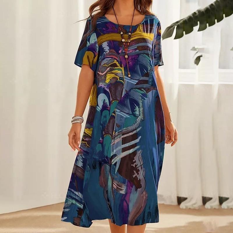 2023 Fashion Casual Printed Summer Short Sleeve Waist-Cinching Round Neck Loose Beach Maxi Dress