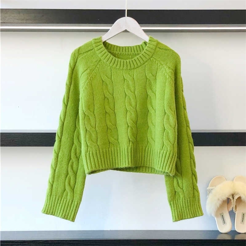 PEONFLY Solid Casual Loose Warm Knitted Cardigan Women Autumn Long Sleeve Short Knitwear Winter Women Jumper Green 210928