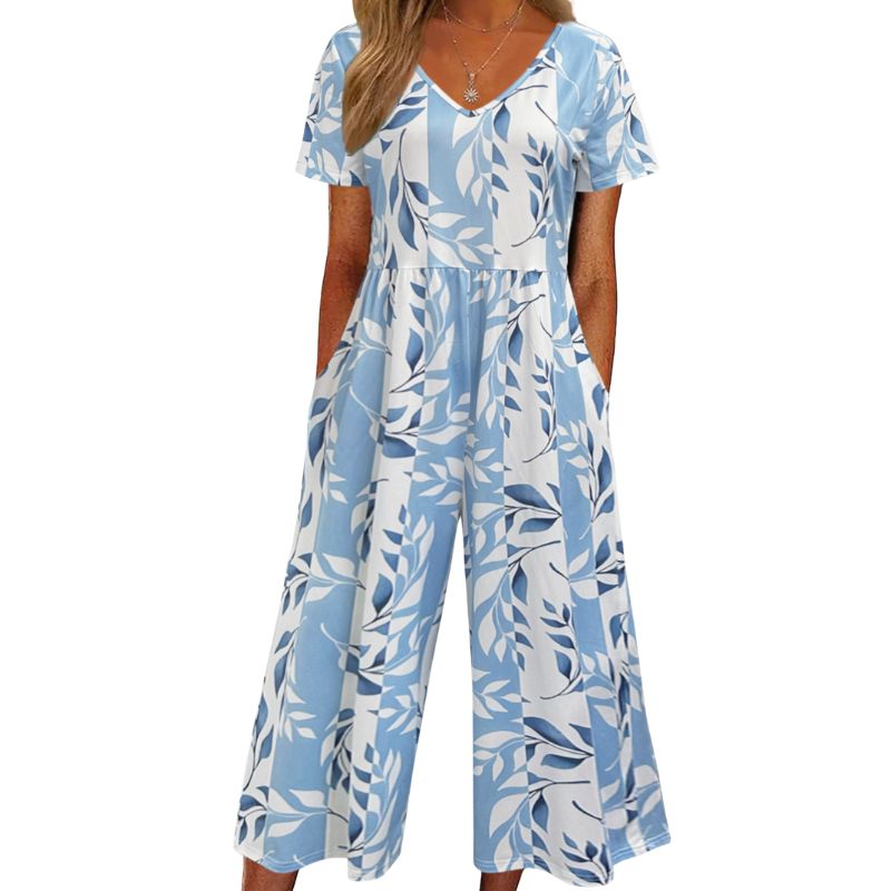 Summer Ready Milk Silk Flared Jumpsuit for Ladies with Flowery Pattern Comfortable Casual Outfit for Vacations-CF52755