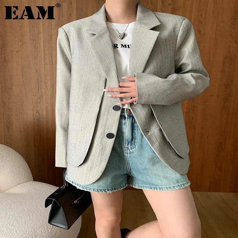 EAM Womens Grey Double Layer Large Size Elegant Jacket Collar Long Sleeve Jacket Fashion Trend Spring and Autumn 1DH6699 250415