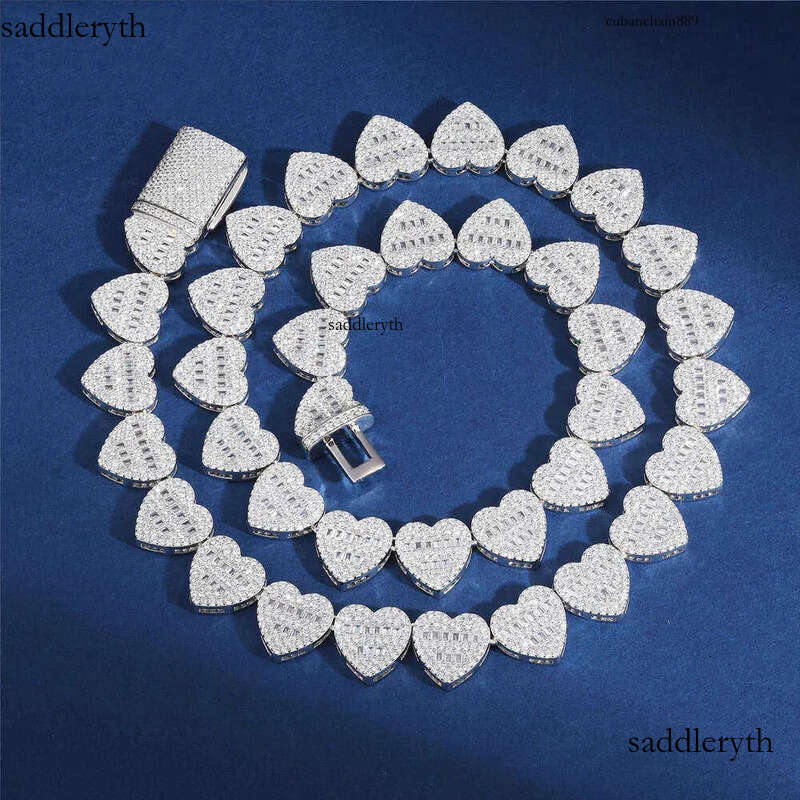 Dropshipping Hip Hop Jewelry 13mm Sterg Sier VVS Moissanite Dia Iced Out Heart Shape Tennis Chain Necklace ad