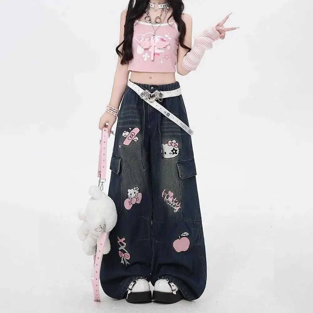 Sanrio Cartoon Retro Women Jeans Y2K Hello Kitty Loose Anime Wide Leg Pants Cute American Straight Leg Pants Sweet Girls Gift L250925