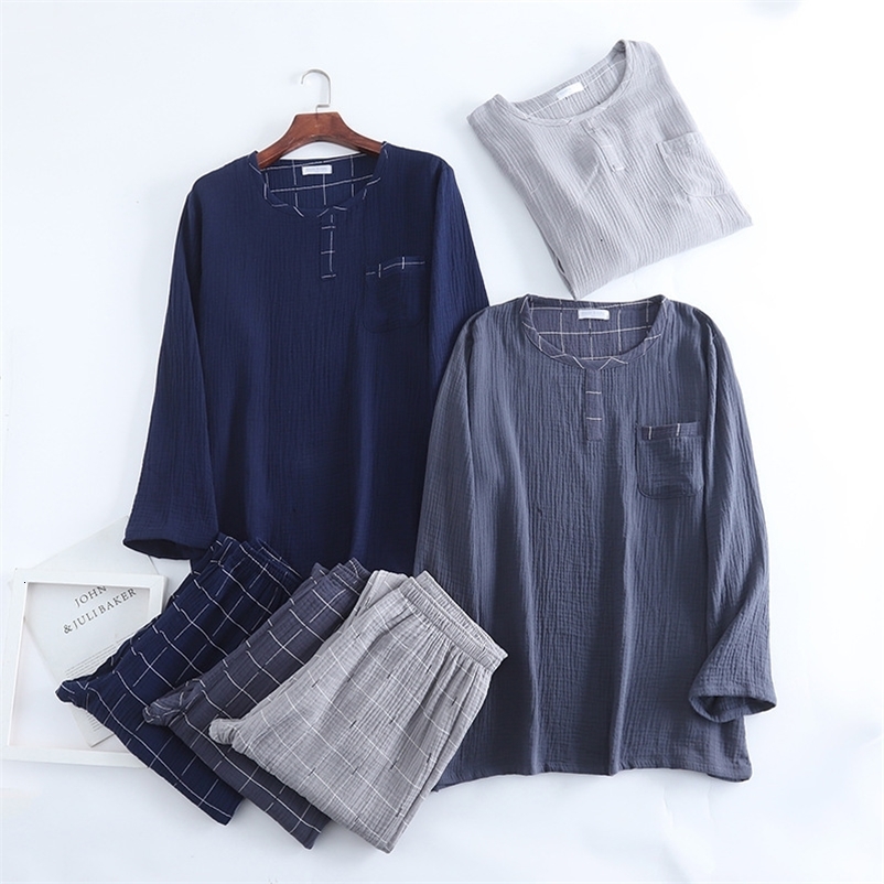Men's Sleepwear spring and autumn men's 100% cotton crepe round neck plaid pajamas two-piece long-sleeved trousers plus size loungewear suit