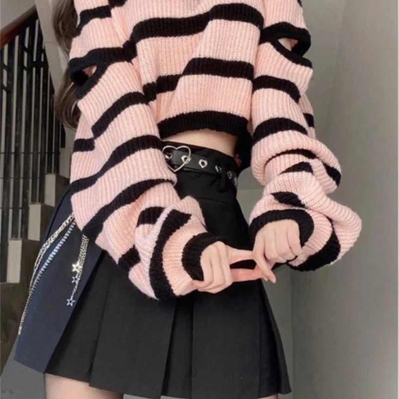Y2k Aesthetic Harajuku Women Cropped Sweater Fashion Striped Loose Pull Femme Off Shoulder Casual Grunge Knitted Chandails 240911