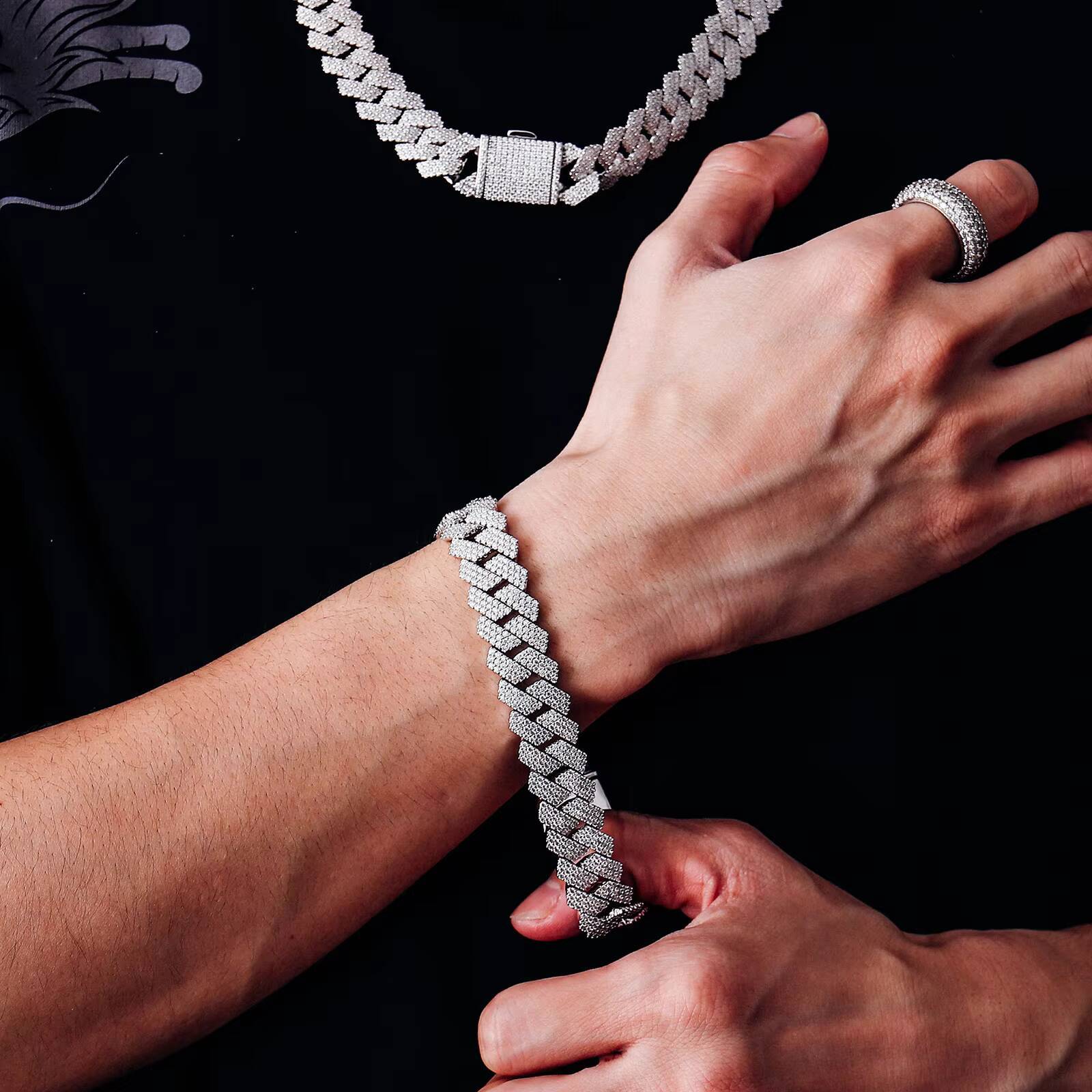 925 Silver Moissanite Cuban Link Chain Cuban Chain Bracelet 15mm Three Rows of Moissanite Stone