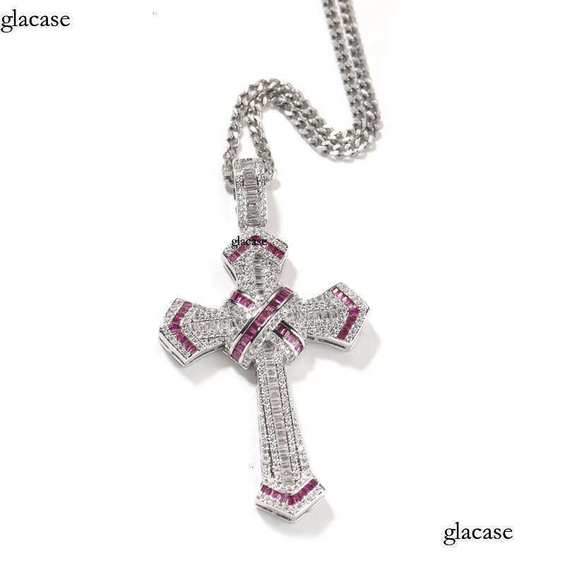 Hip Hop Cross Pendants Necklace Platinum Plated Men Women Lover Gift Religious Jewelry with Leather Rope Chain