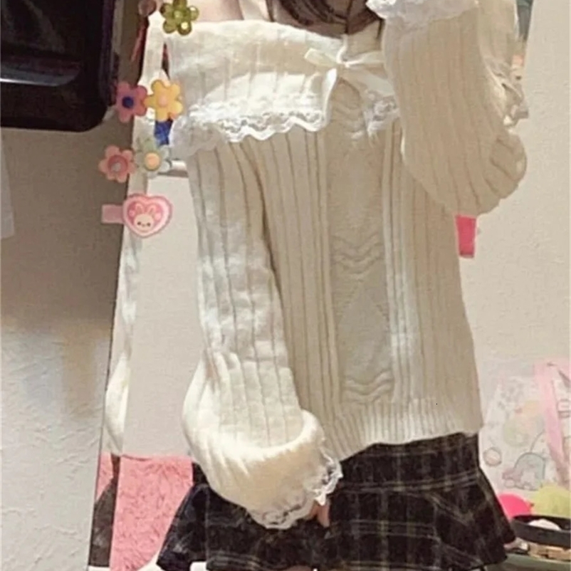 Grunge Women Off Shoulder Knit Sweater Pink Pullover Sweet Pullovers Long Sleeve Bow Lace Patchwork Jumpers Y2k Streetwear 240911