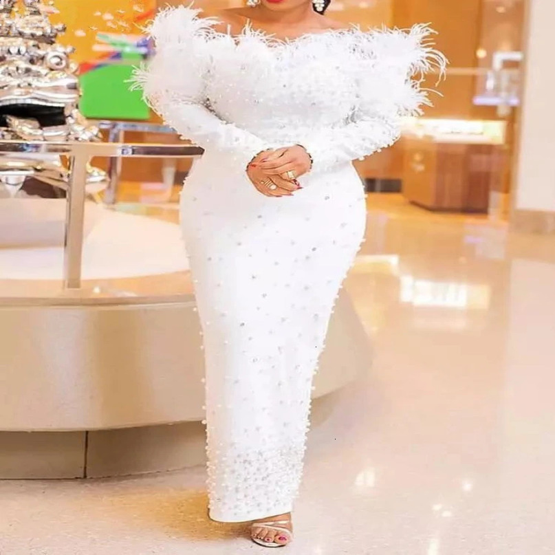 Plus Size Evening Dress Womens Spring Autumn Elegant Ultra Thin Feather Necklace Beaded Skiing Fashion Long Party Clothing 240820