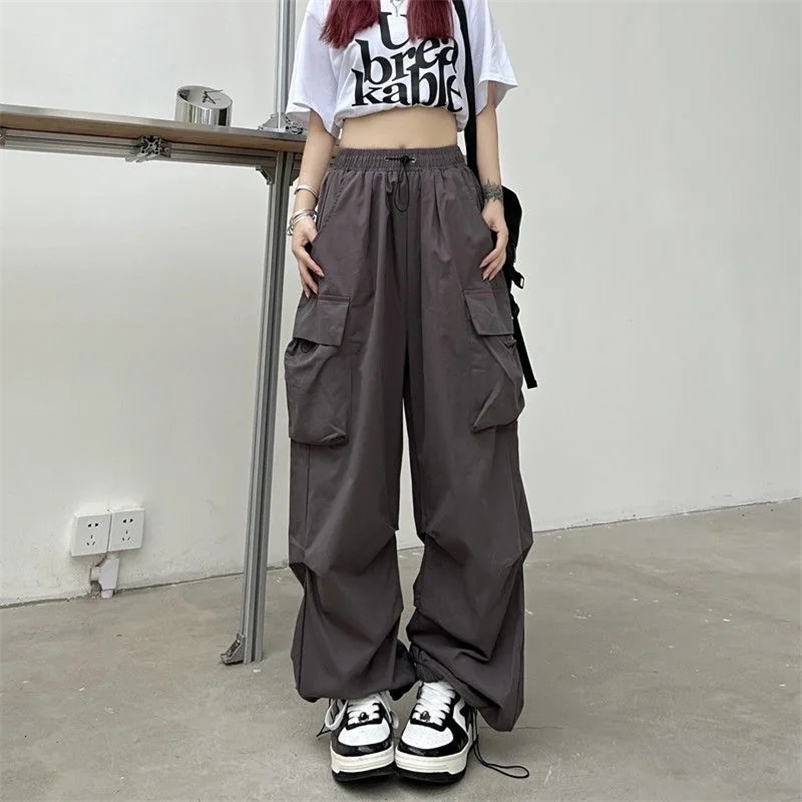 Women's Pants Capris Y2K Cargo Pants Straight Wide Leg Drawstring Trousers Women Oversize Jogger Kpop High Waisted Breathable Solid Color Sweatpa