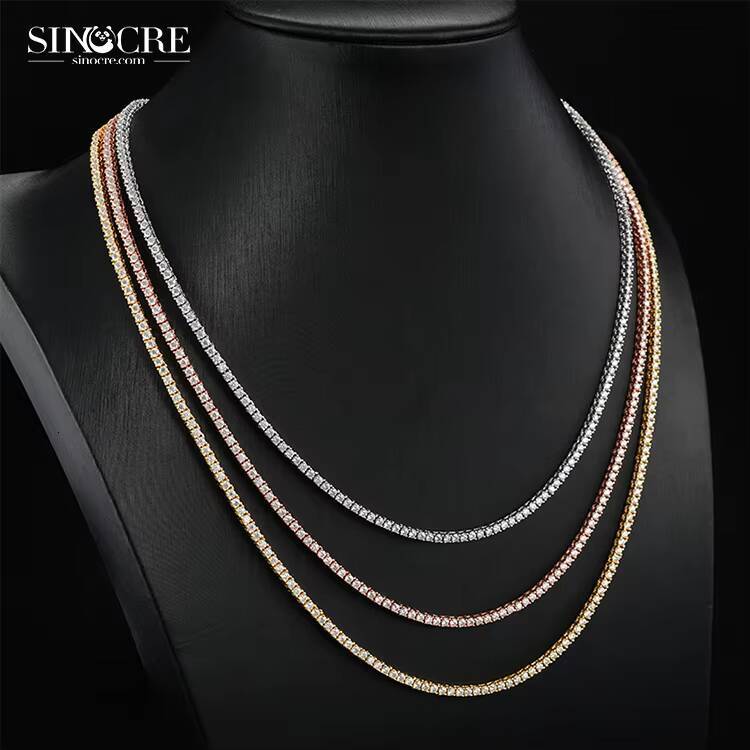 2mm Mens Tennis Necklace Sinocre Trendy Hiphop Moissanite 925 Silver Chain Womens