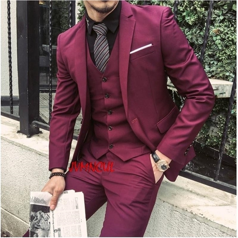 Men's Suits Blazers Tailored Burgundy Purple Suit Men Groom Slim Fit 3 Piece Tuxedo Prom Wedding Suits Blazer Terno Masuclino JacketPantVest 2209