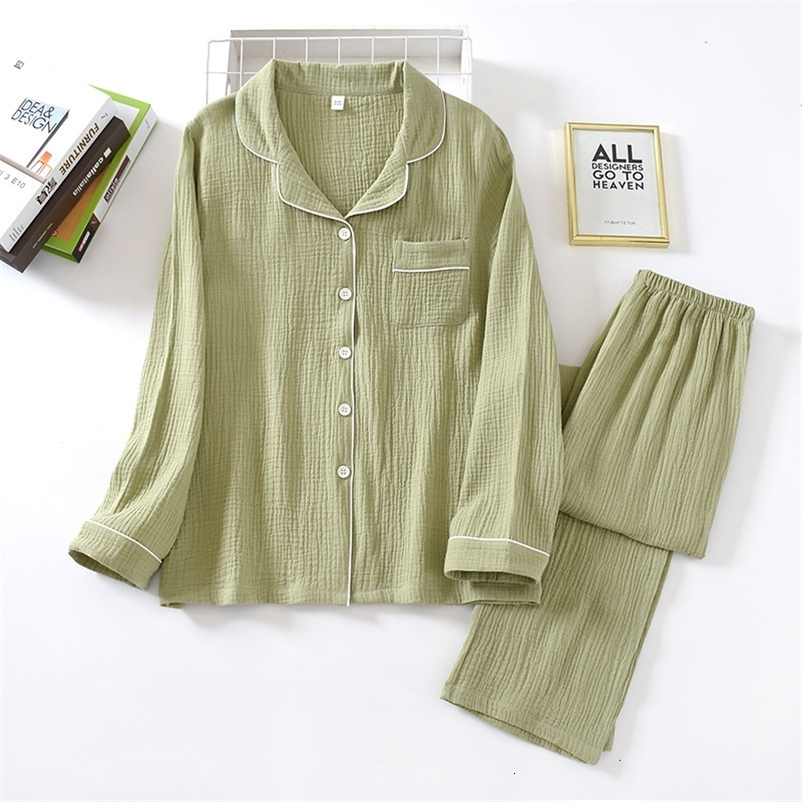 Women's Sleepwear spring and autumn pure cotton crepe cloth couple soft and breathable men long-sleeve simple home service women two piece set 23