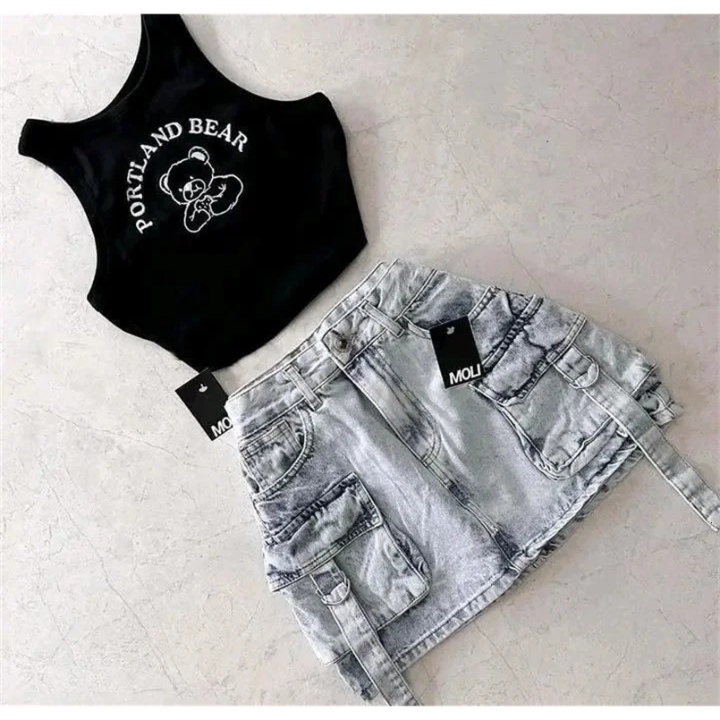 girl retro street style slim niche sexy y2k printed suspender top spliced high waist denim skirt two-piece set 250320
