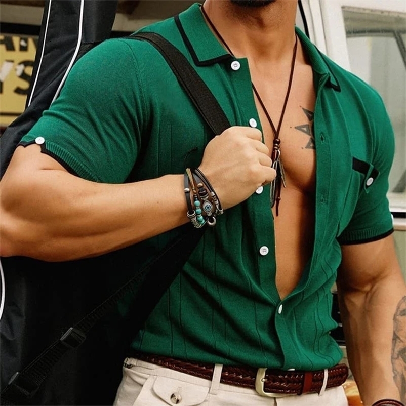 Mens lightweight casual business knitted polo shirt retro solid color short sleeved button fashion knitted M-3XL 241203