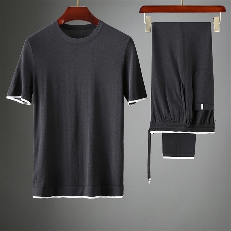 Men's Tracksuits JSBDSummer high-end knitting two-piece silk breathable fabric men casual color contrast short sleeve sports suit thin 230425