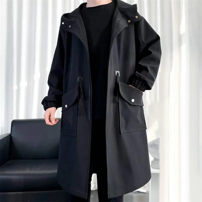 Men Trench Coat Hooded Loose Mid Length Big Pockets Long Sleeve Windproof Solid Color Zipper Closure Anti-wrinkle Elastic Cuff S 240716