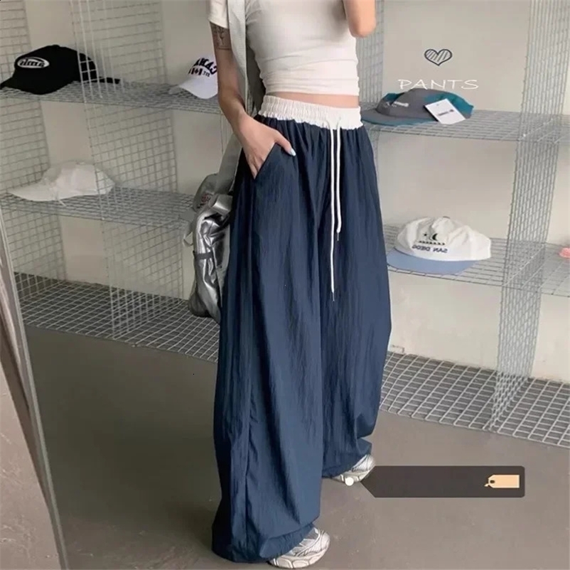 patch work elastic waist wide leg casual pants womens four season texture dress straight mop pants loose Trouser pants 241203