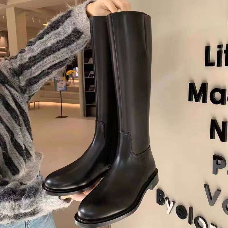 Hot Selg High-End Minimalist Round Toe Low Heel Side Zipper Fashionable Women's Exquisite High-Quality Long Leg Knight