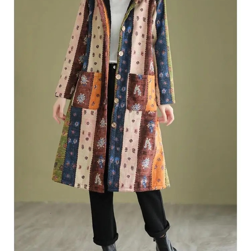 Women's Down Parkas Fashion Autumn And Winter Ethnic Style Thickened Mid-length Hooded Cotton Jacket Women Single Breasted Wide-waisted Coat 2310