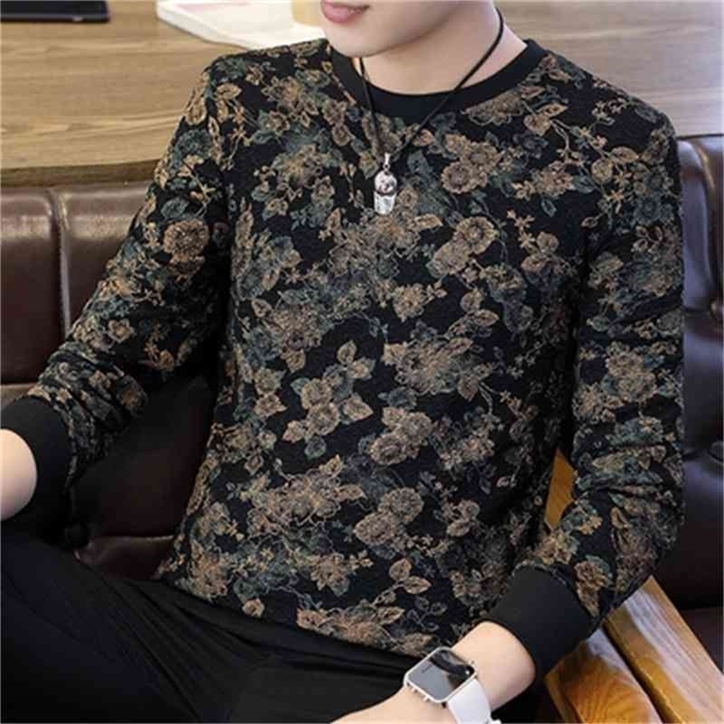 autumn and winter men's casual color matching letter round neck long-sleeved T-shirt 210623