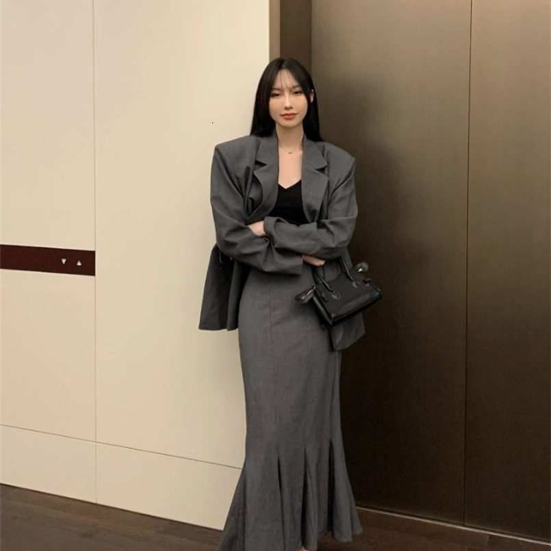 Womens Blazer Suits Skirt Sets Ladies Korean Side Button Suit High Waist Slim Mid-length Fishtail Skirt Blazers 250109