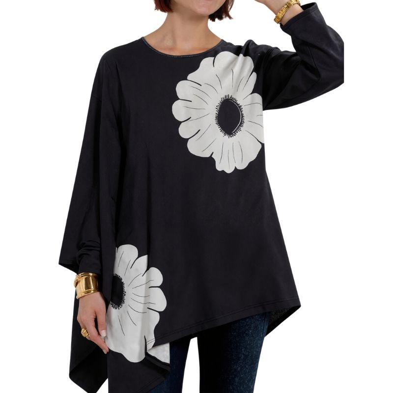 Women's Autumn New Fashion Elegant Floral Printed Long - Sleeve T - Shirt, Irregular Hem Milk Silk Loose Casual Top-CF52839