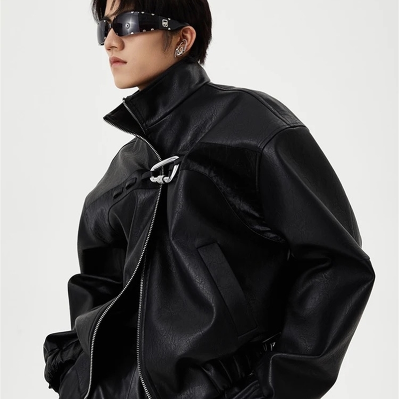 Mauroicardi Spring Autumn Short Black Oversized Shiny Reflective Patent Leather Jacket Men Zip Up er Y2K Clothes Fashion 240809