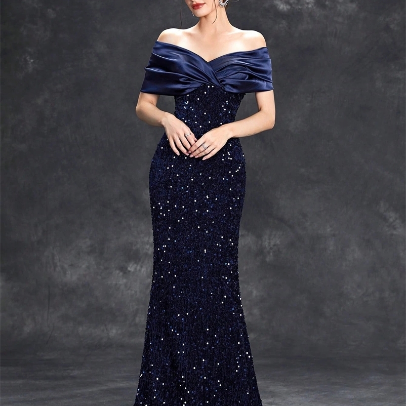 Mgiacy Line Collar Folded Tint Sparkling Velvet Tail Dress Evening Dress Ball Dress Party Dress Bridesmaid Dress 241231