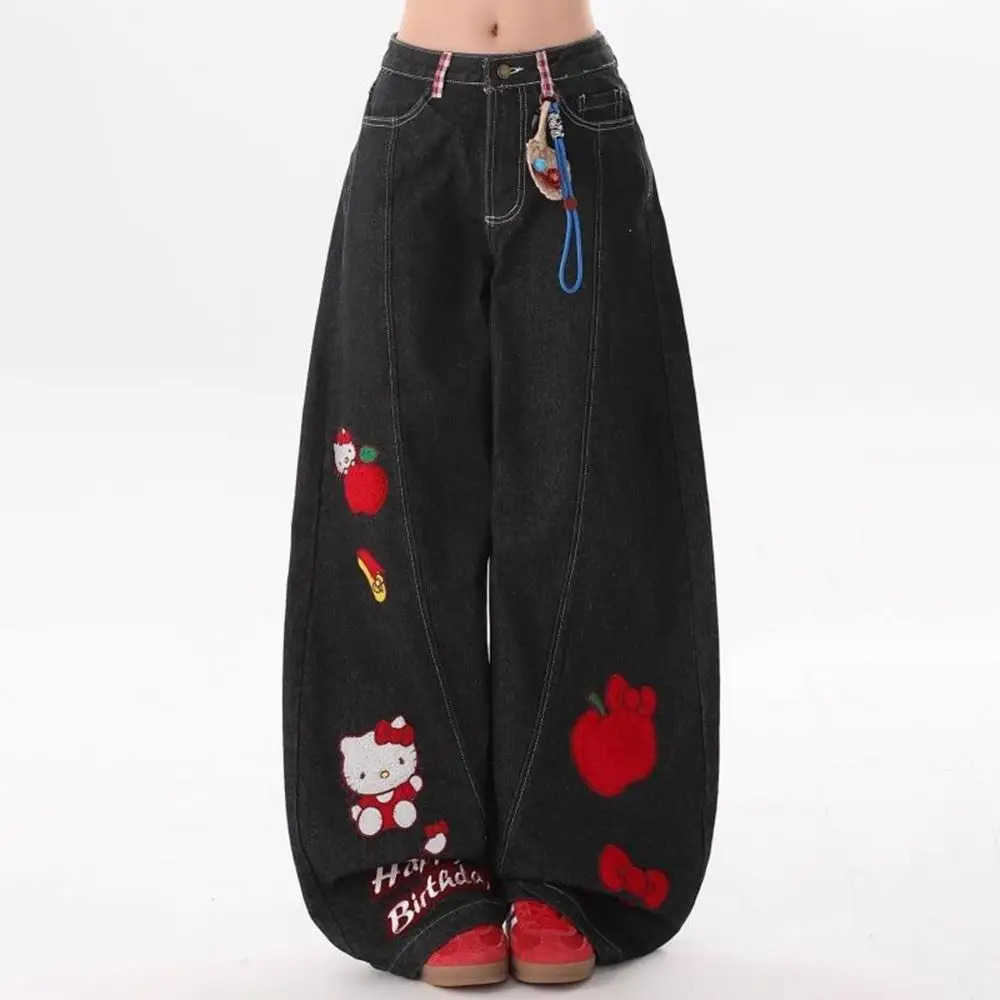 Sanrio Cartoon Retro Women Jeans Y2K Hello Kitty Loose Anime Wide Leg Pants Cute American Straight Leg Pants Sweet Girls Gift L250925