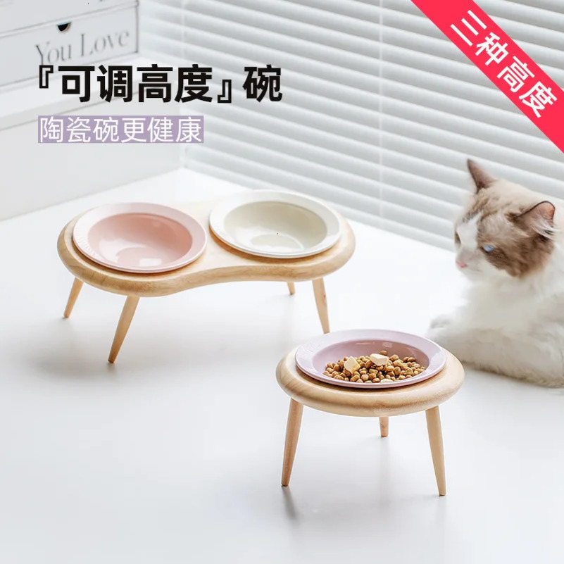 Beautiful ceramic oak high shelf tableware set small dog double food bowl mini dog water bowl rack cat pink feeder pet supplies 250414