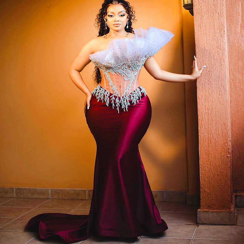 Aso Ebi Burgundy Mermaid Prom Dress Beaded Crystals Lace Evening Formal Party Second Reception 50th Birthday Engagement Gowns Dresses Robe De Soiree B