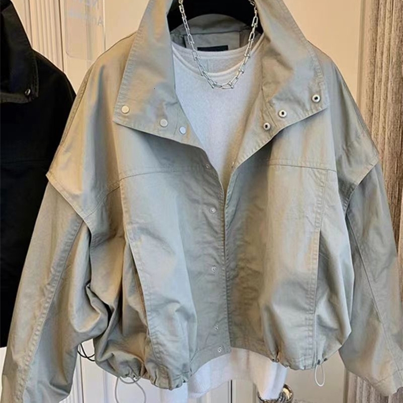 Women's Jackets Casual Short Women's Bomber Jacket Spring Stand Collar Loose Windbreaker Coat Streetwear Drawstring Basic Jacket Female 2304