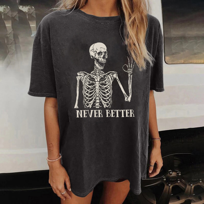 Halloween shoulder Tshirt casual retro will never be better skull print crew collar loose short sleeved fashion top womens clothing 240820