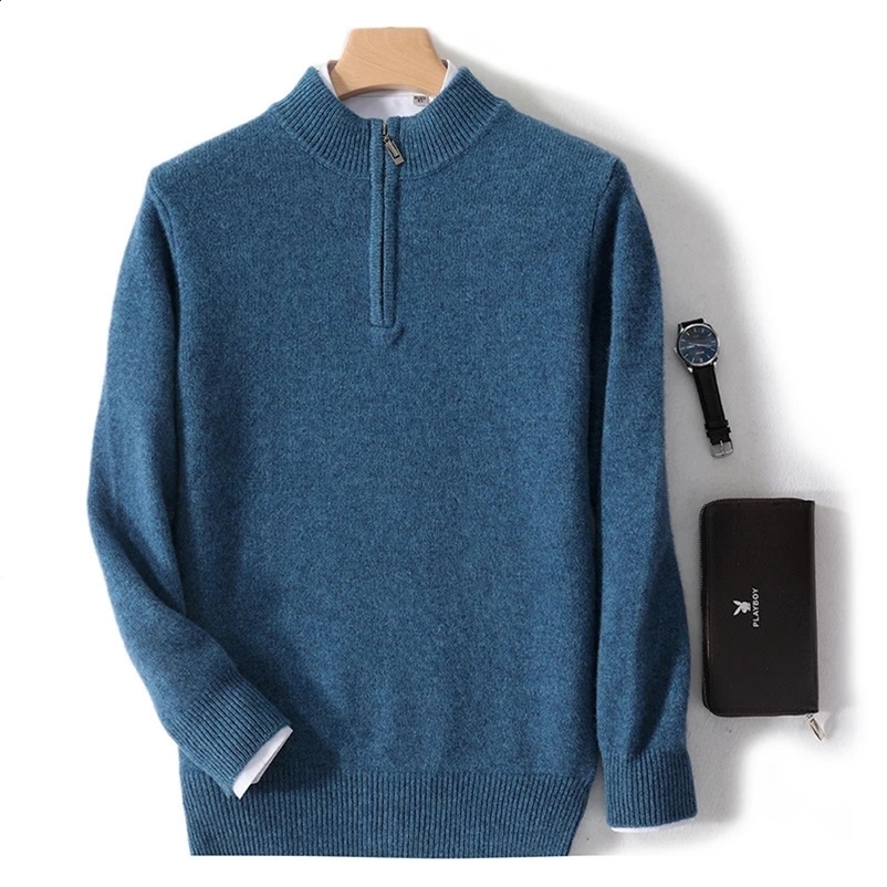 100% cashmere sweater Mens zipper half turtleneck long-sleeved business casual sweater 240912