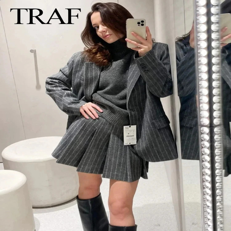 TRAF Spring Women Fashion Grey 2 Piece Sets Woman Pinstripes Pockets Slim Blazer Coat Zipper Versatile Female Mini Skirts 240729