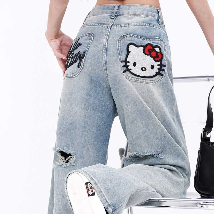 Sanrio Anime Kawaii Hello Kitty Vintage Ripped Jeans Children High Waist Design Niche Embroidery Straight Loose Wide Leg Pants L250925