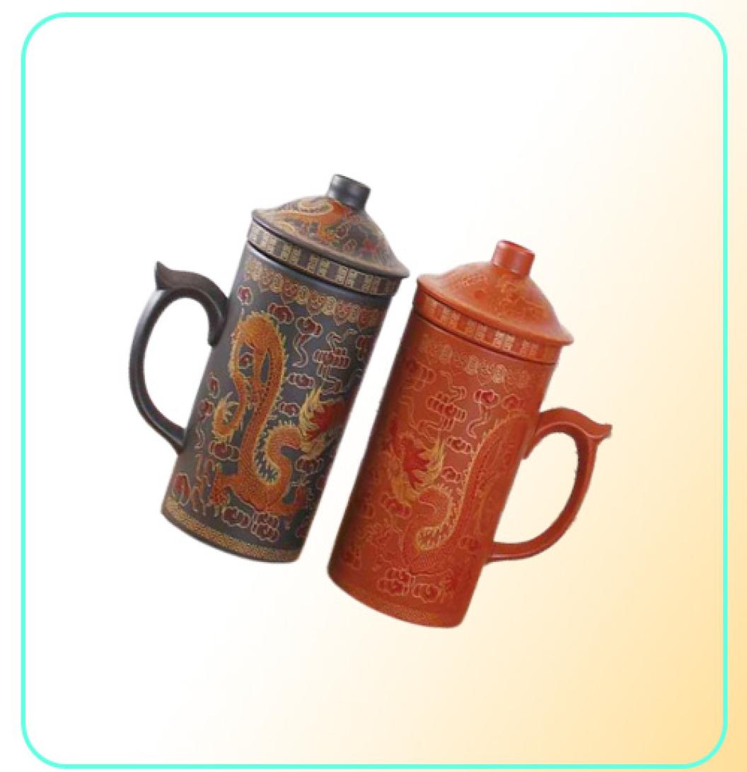 Traditional Chinese Dragon Purple Clay Mug with Lid Strainer Retro Handmade Yixing Cup Zisha cup Gift Mug Tumbler 210827468432