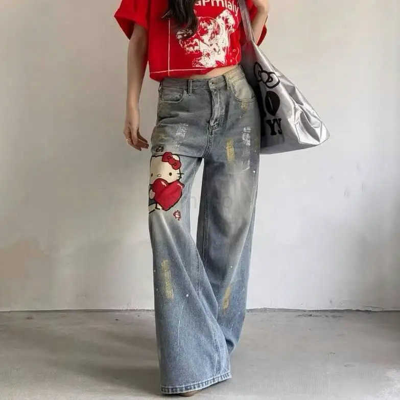 Sanrio Hello Kitty New 2025 Cartoon Cute Jeans Creative Womens Loose and Comfortable Straight Leg Wide Leg Pants Holiday Gifts L250925