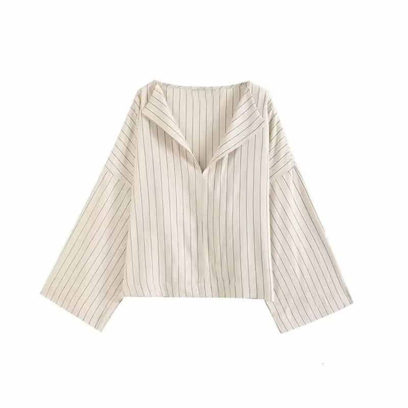 Womens fashion loose linen blend shirt casual striped V-neck retro long sleeved womens shirt chic top 250402
