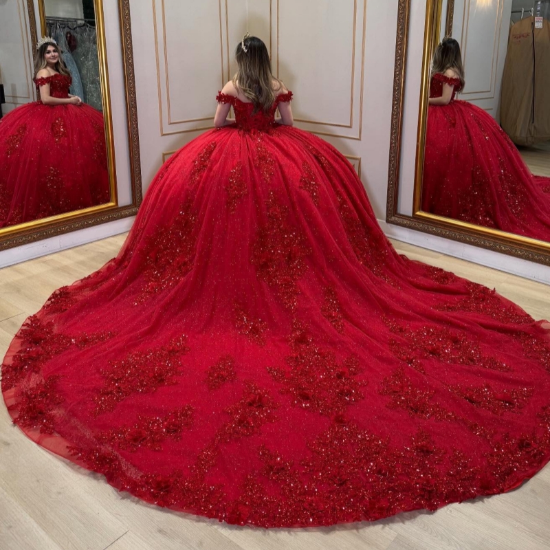 Red Shiny Quinceanera Dresses Off The Shoulder Applique Lace Beading Crystal Tull Party Birthday Sweet 16 Dress Vestidos 15 De Anos