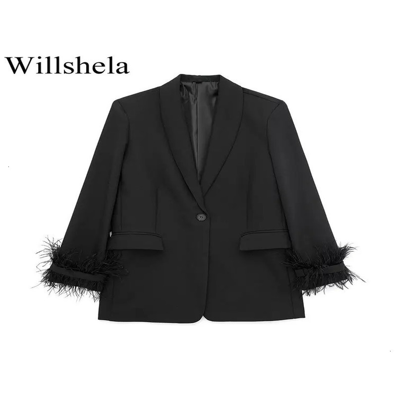 Willshela Womens Fashion Satin Black Feathered Jacket Retro Notched Collar Single Button Long Sleeve Womens Clothing 250402