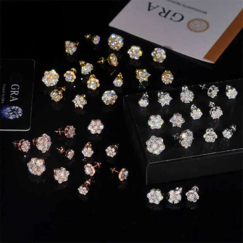 Hot Sale Pass Tester Hip Hop Sier Gold Plated VVS Dia Moissanite Flower Stud Earrings Cluster