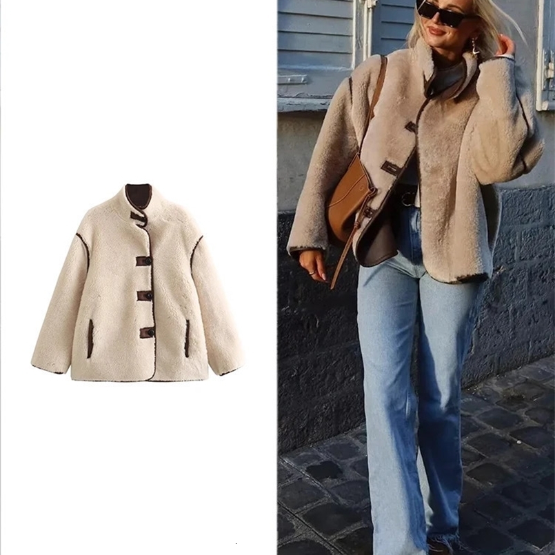 TRAF Womens Fashion Autumn and Winter Warm Teddy Bear Coat Patchwork O-neck Lamb Wool Coat Vintage Cowl Button Fleece Top 241220