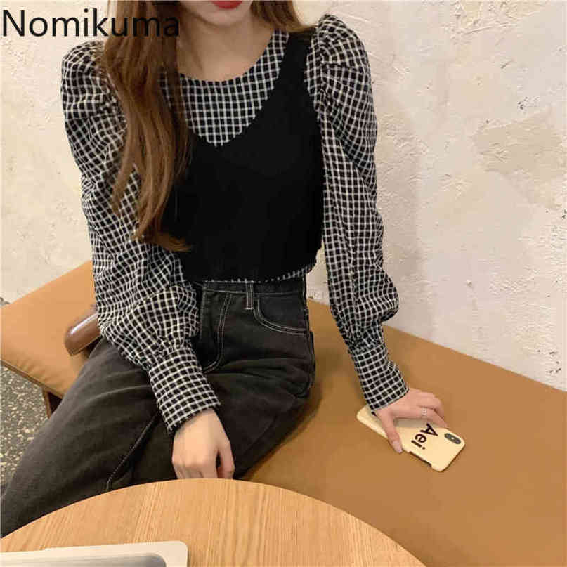 Nomikuma Women Plaid Blouse 2piece Sets Puff Long Sleeve O-neck Shirt + V-neck Short Sleeveless Lace Up Vest Outfits 6C586 210427
